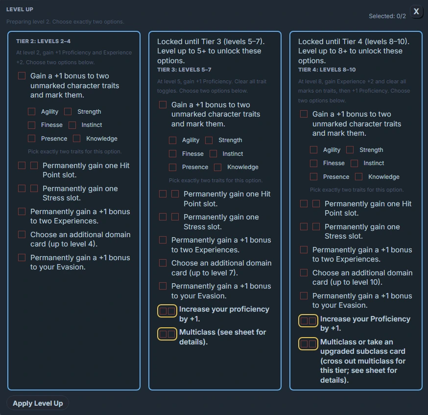 Level Up options example